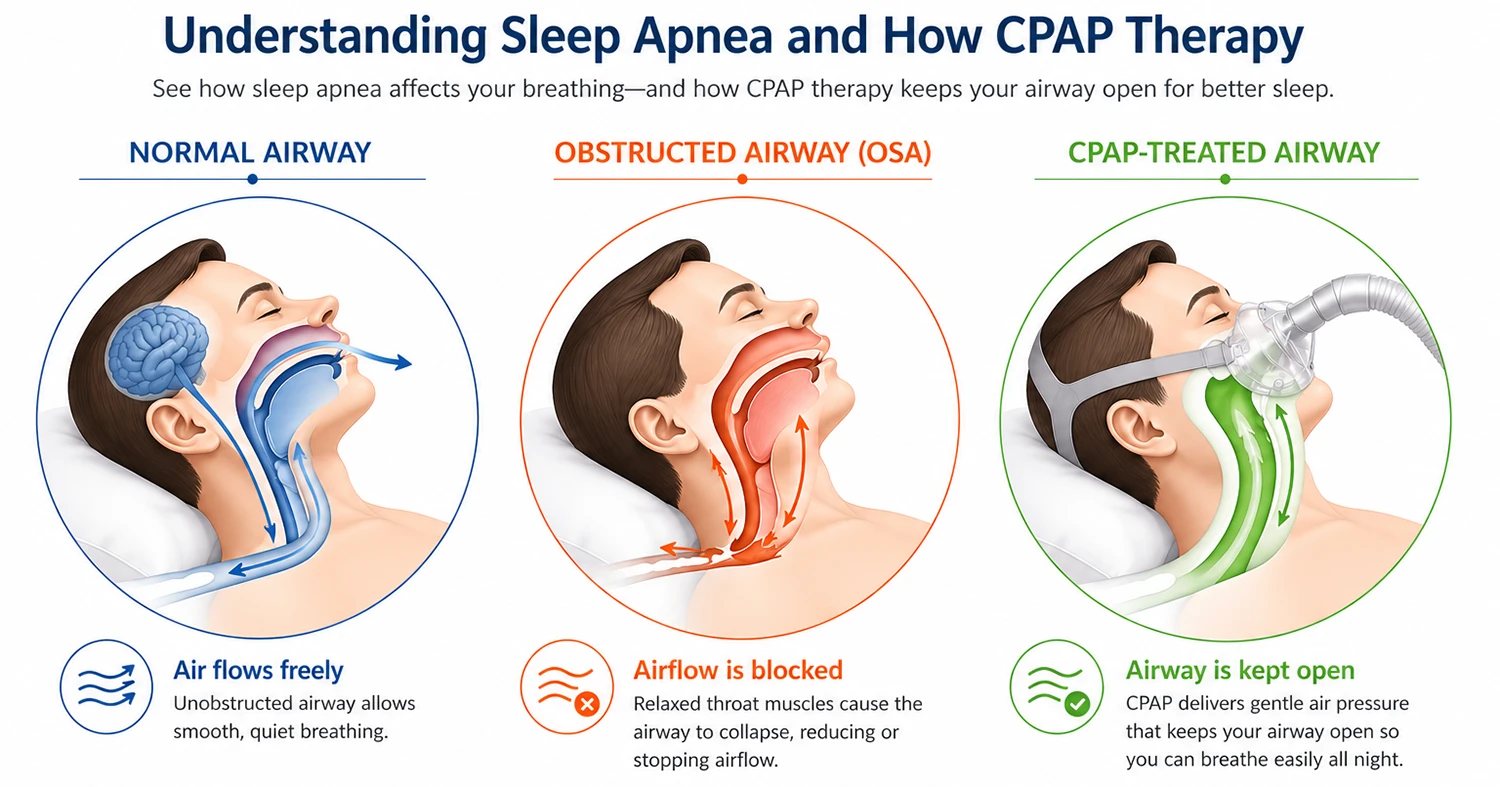 Diagram showing normal airway vs obstructed airway in sleep apnea and how CPAP therapy keeps the airway open