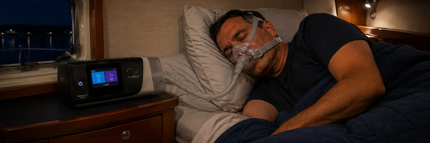 Man sleeping with a Resmed CPAP device on a boat.