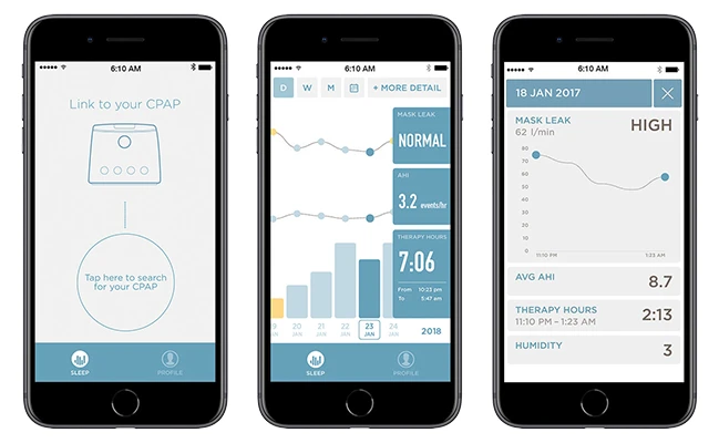 Fisher and Paykel SleepStyle app on a phone showing therapy hours, AHI, and mask leak data