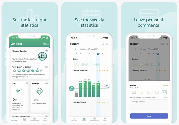Löwenstein prisma APP showing therapy compliance, leak data and Prisma RECOVER deep sleep indicator
