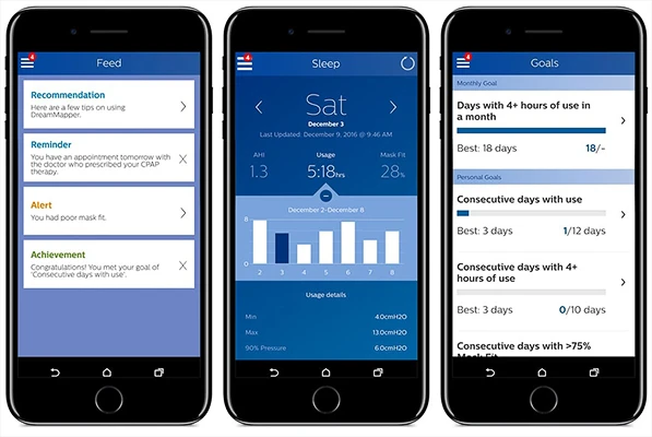 Philips DreamMapper app displaying mask fit score, therapy hours, and AHI on a smartphone