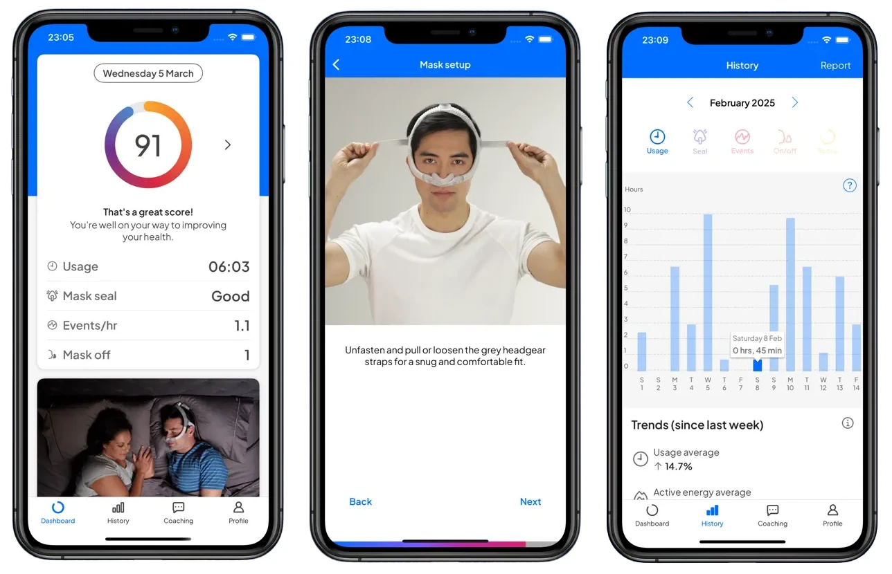 ResMed myAir app showing nightly sleep score, usage hours, mask seal, and events per hour on a smartphone