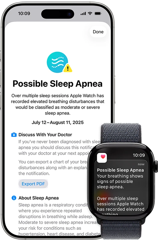 sleep apnoea notification feature displayed on Apple Watch and iPhone